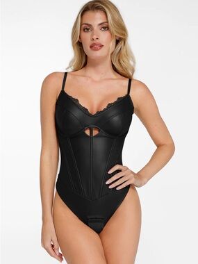 Sculpting Black Lace-Trim Faux Leather Bodysuit